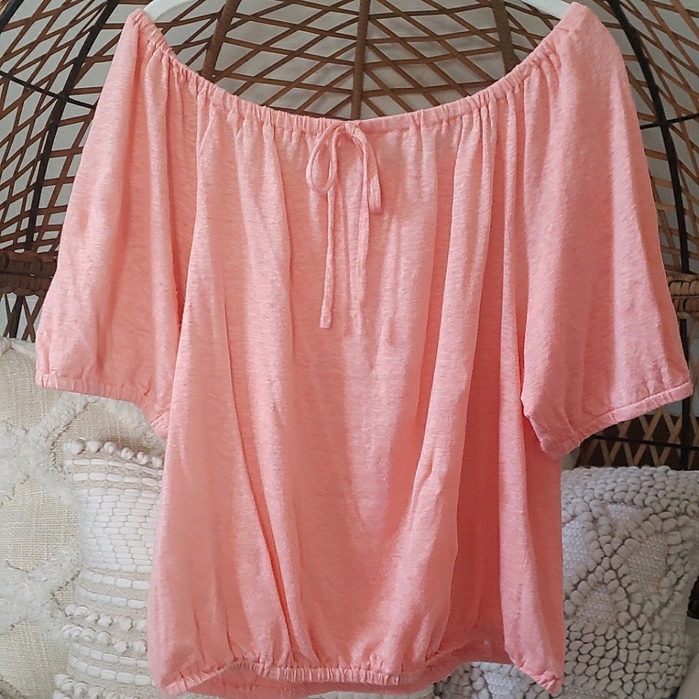 LOFT - Shirred Linen Tee - Coral - Size L